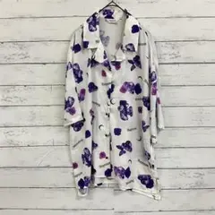 【リアマティン】くま柄×バラ×ロゴ入り 個性派 総柄 シャツ 白×紫 Mサイズ