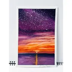 【原画】『夕焼けと星空』　水彩アクリル画　一点物　ポストカード