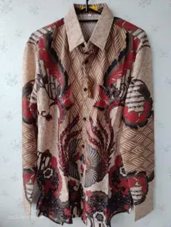 Batik バティック シャツ - レッド＆ブラウン (L-長袖)