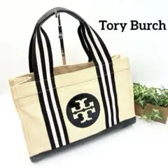 【美品】トリバーチ エラ トートバッグ レザー キャンバス ビッグロゴ A4可