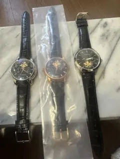 手巻きアナログ時計 3本セット 黒レザー