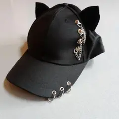 猫耳付き黒キャップ チェーン装飾