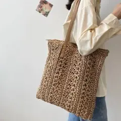 【新品】トートバッグ 草編みバッグ カーキ