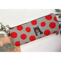 水玉　ドット　メガネ　猫　グレー　スリム　ペンケース　ナスカン付
