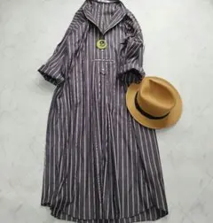 極美品　フレームワーク　バンドカラー　シャツワンピース　ストライプ
