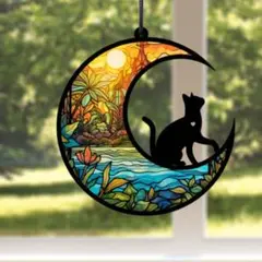 サンキャッチャー 壁掛け飾り ステンドグラス 黒猫 月 インテリア 看板 1