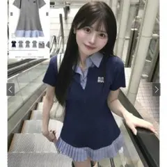 kz674 襟付プリーツニットミニワンピース GRL Mサイズ ネイビー