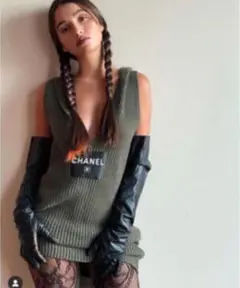 シャネル カシミヤニットワンピース カーキ ロゴ 36