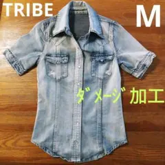 【TRIBE】ダメージ加工 デニムシャツ【M】半袖　ウエスタンシャツ　トライブ