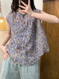 フロントボタン スイート 可愛い 涼しい プリント 袖なし ブラウス 薄手