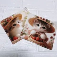 ガーゼハンカチ　ハンドメイド　パネル生地　麦わら帽子の子猫ちゃん　2枚セット