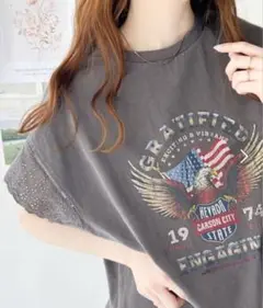 java✾ ヴィンテージ風プリントスカラップレース袖 Tシャツ