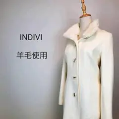 INDIVIレディース38ホワイトアンゴラ混ロングコートラビットファー