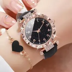 【新品】腕時計　ブレスレット付き　黒　ゴールド　キラキラ　おしゃれ　可愛い