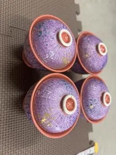 業務用 高級寿司屋仕様 陶器製 紫色 蓋付きお椀 10cm 4セット 飲食店開業