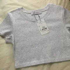定価4000円【タグ付】半袖 Tシャツ クロップド 無地 リブ グレー フリー