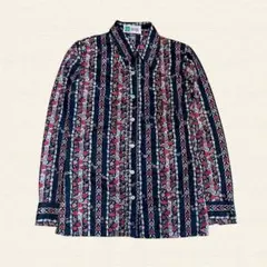 花柄×チェーン柄 レトロシャツ 長袖トップス ブラック ヴィンテージ 総柄