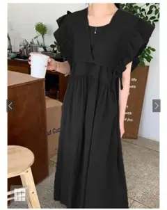 grlブラックフリルスリーブロングワンピース