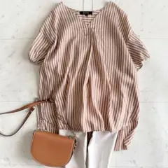 美品 アンタイトル ストライプ柄 シルク混 Vネック 半袖 ブラウス◆ブラウン