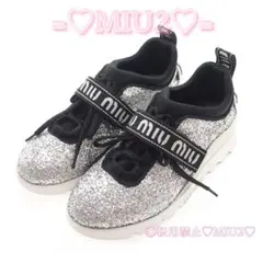 【綺麗】miumiu グリッター ラメ ジャガード ロゴ 刺繍 スニーカー 黒