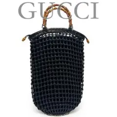 GUCCI かごバッグ　ハンドバッグ　バンブー　黒　レザー　編み込み　巾着型 GUCCI かごバッグ ハンドバッグ バンブー 黒 レザー 編み込み 巾着型