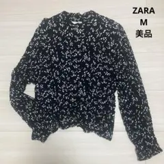 ZARA ザラ シャツ モノトーン 黒 柄 シワ加工 伸縮 M