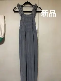 新品　フリルリブプリーツオールインワン　サロペット春夏　楽ちん