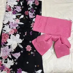 浴衣　レディース　花柄　ブラック　つくり帯付き