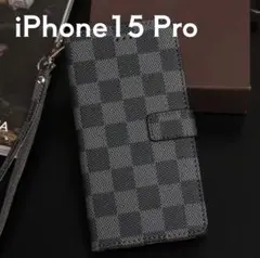 【iPhone15Pro】手帳型 iPhoneケース チェック柄 ブラック