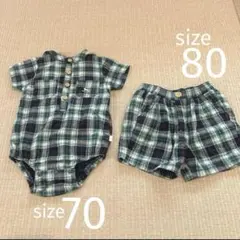 チェック柄ロンパース・ショートパンツセット 70・80