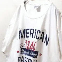 ヘインズ アメリカンベースボール1846デカロゴ Tシャツホワイト白XL古着