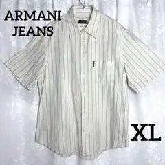 【美品】Armani Jeans 半袖シャツ 白/青ストライプ XL
