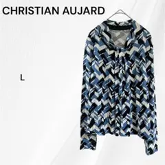 クリスチャンオジャール　長袖トップス　総柄　リボン付　カットソー　L　ブルー