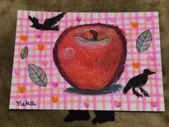 りんごとカラス ピンク系 チェック柄 イラスト