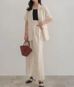 リネン混半袖ジャケット＋ハイウエストパンツset