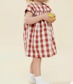 プチバトー　ギャザー　チェックワンピース　赤白　ボタン　PETIT BATEAU