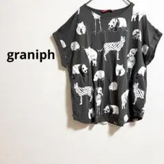 b558【graniph】アニマル柄フレンチスリーブTシャツゆるカジュアル綿短丈