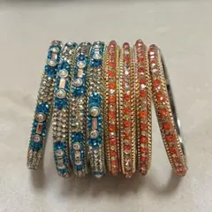 【新品未使用】インド　ビーズ装飾メタルバングルセット