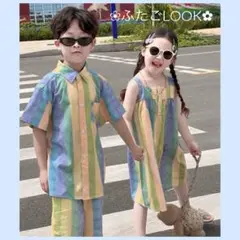 キッズ服　カラフルセットアップ×カラフルワンピース　派手　夏コーデ