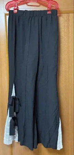 ブラック サイドスリット リボン付きパンツ　XL