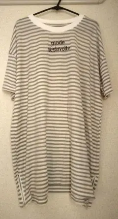 ボーダー ロング半袖シャツ M