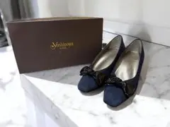 GINZA ヨシノヤ 24cm ネイビー リボン パンプス スエード調