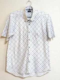 週末セール✨️メンズ 半袖ワイシャツ LLサイズ 白×黒×水色 チェック柄
