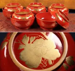 CA84 時代輪島塗牡丹金蒔絵朱塗煮物椀 五客 木製漆器茶懐石汁椀 正月宴席草花