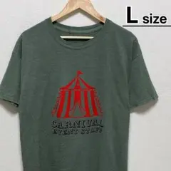 USA古着　Tシャツ　L　カーキグリーン　杢カラー　プリント　サーカス　スタッフ