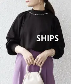 SHIPS ◆ビジューネックタックカットソー　黒　ONE