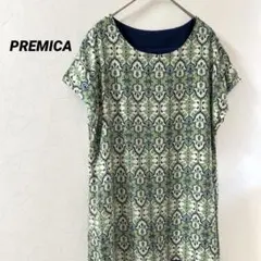 PREMICA プレミカ　幾何学模様　総柄　カラフル　半袖　チュニック　グリーン
