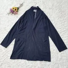 THE SHOP TK　綿混　長袖ロングカーディガン　前開き　ポケット　紺　XL