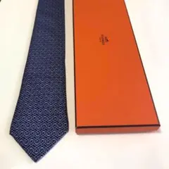【未使用】エルメス　ネクタイ　ネイビー×グレー　プリント柄