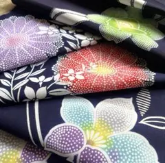 希少　本染　ゆかた見本生地 木綿 点描画　華やか花々　はぎれ古布